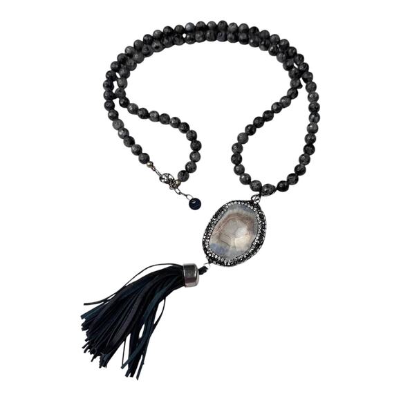 Emmis Jewelry Agate Geode Quartz Druzy NECKLACE Gem Stone Beaded Leather Fringe - Picture 1 of 11